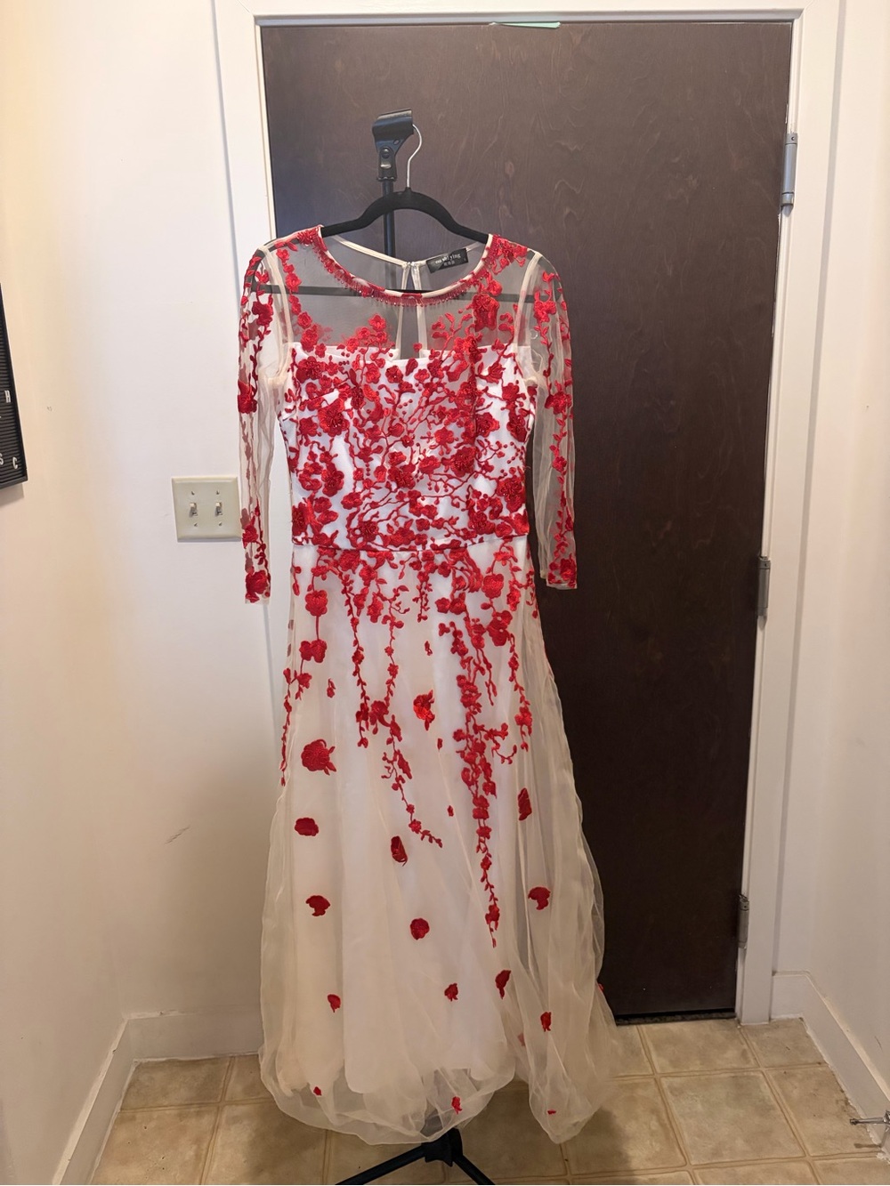 Ivory Tulle Gown with Red Floral Appliqué